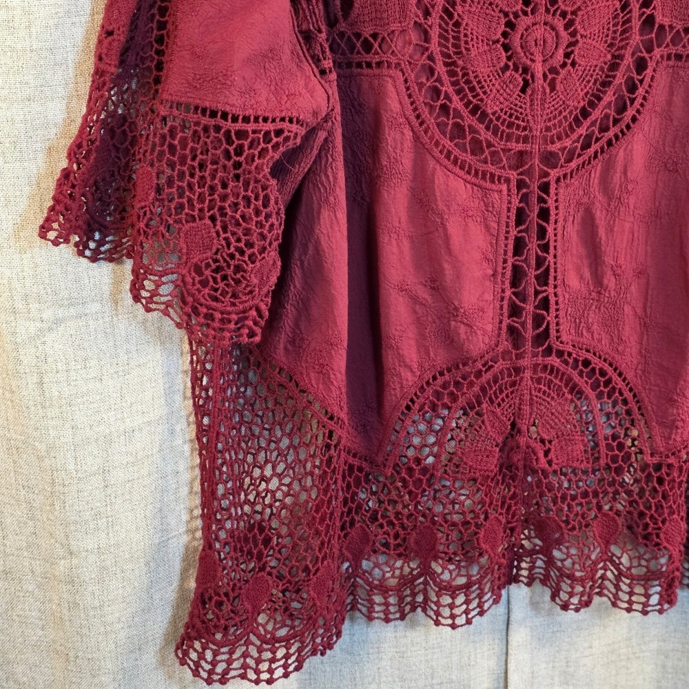 Lane Bryant Crochet Embroidered Boho Top Women's 22 Burgundy Cotton Loose Fit - Picture 3 of 9
